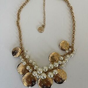 Statement Goldtone Necklace Medallions Chain Faux  Pearls Crystals  Erica Lyons